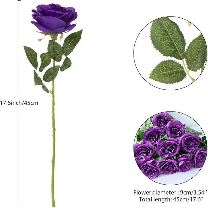 12Pcs Purple Roses Artificial Flowers Fake Roses Silk Flowers Real Touch Rose with Long Stems for Wedding Home Office Baby Shower Party Centerpieces Decorations