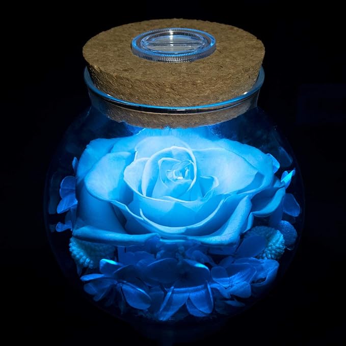Preserved Real Roses with Colorful Mood Light Wishing Bottle,Eternal Rose,Never Withered Flowers, Christmas Anniversary Valentine's Mother's Day,a Gifts for Women 4.3inch 1pcs(Light Blue)