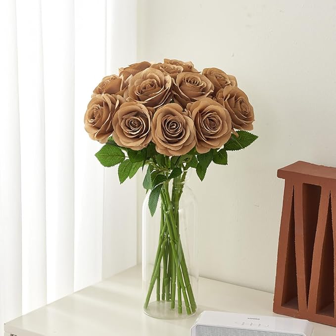 12pcs Coffee Roses Artificial Flowers Fake Roses Silk Flowers Roses with Long Stems for Wedding Home Party Centerpieces Decorations