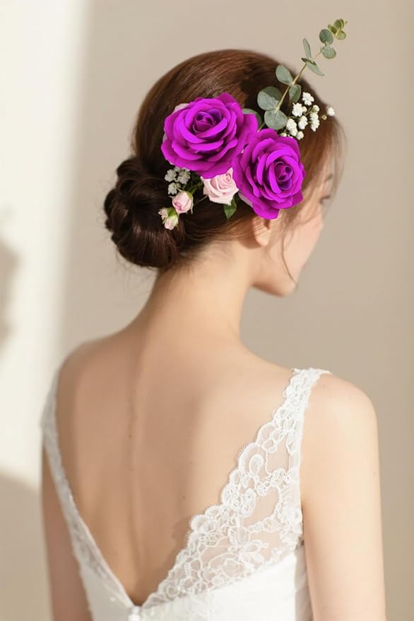 Purple Rose Flower Head 25pcs Artificial Velvet Rose Flowers Fake Roses Flowers with Stems for DIY Wedding Home Party Baby Shower Decor(Purple)