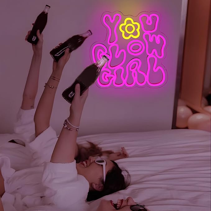 WLHOPE You Glow Girl Neon Sign Pink Led Neon Signs for Wall Decor USB Glowing Girl Neon Light Signs Man Cave Wall Art Signs for Bedroom Girls Room Bar Club Shop Office Wedding Birthday Party