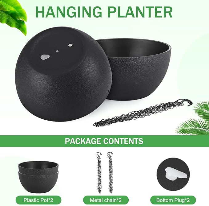 10 inch Hanging Planters for Indoor Plants, 2 Pack Planters for Outdoor Plants with Drainage Holes and Chain, Round Plastic Hanging Baskets, Hanging Flower Pots for Balcony Garden Decor-Black