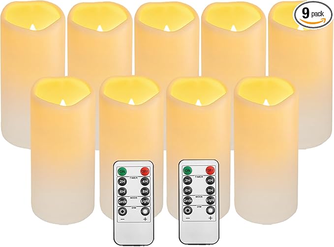 Flickering Flameless LED Candles with 10-Key Remote & Timer, Waterproof Outdoor Indoor f Battery Operated Candles for Home/Wedding/Festival Décor Set of 9 (D3 x H5.5) Ivory