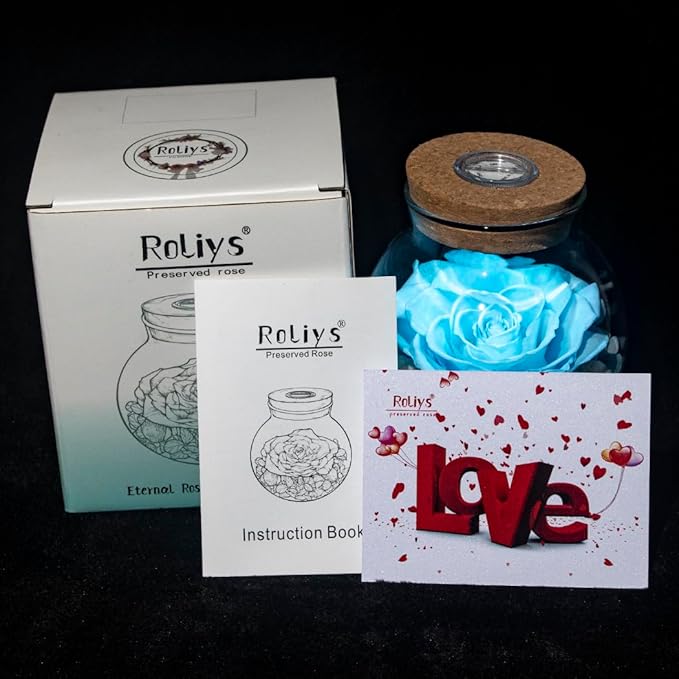 Preserved Real Roses with Colorful Mood Light Wishing Bottle,Eternal Rose,Never Withered Flowers, Christmas Anniversary Valentine's Mother's Day,a Gifts for Women 4.3inch 1pcs(Light Blue)