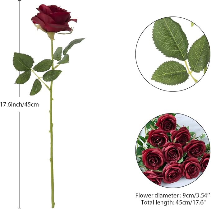 12pcs Roses Artificial Flowers Fake Roses Burgundy Silk Roses Wine Red Silk Flowers Rose with Long Stems for Wedding Home Party Centerpieces Decorations