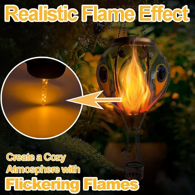 2PCS Solar Hot Air Balloon Lanterns with Flame with Shepherd's Hooks, Glass Hanging Flickering Lights Outdoor Waterproof for Garden Tree Yard Patio Mother's Day Gift, 18" H Peacock Green