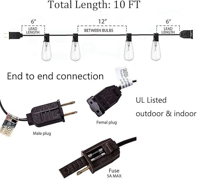 GOOTHY 10Ft Outdoor String Lights with 11 Clear Edison Bulbs (1 Spare) C9/E17 Base, ST40 Vintage Patio Stirng Lights Connectable Bistro Lights UL Listed for Backyard Wedding Garden Decor- Brown
