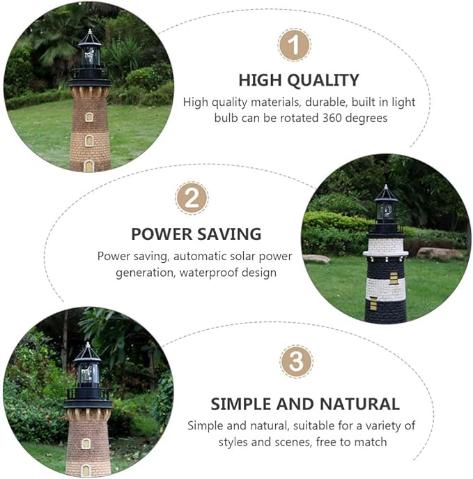 Cabilock LED Rotating Lighthouse Solar Beacon Tower Lamp Water Resistant Lighthouse Light Ornament for Garden Yard Outdoor Decor