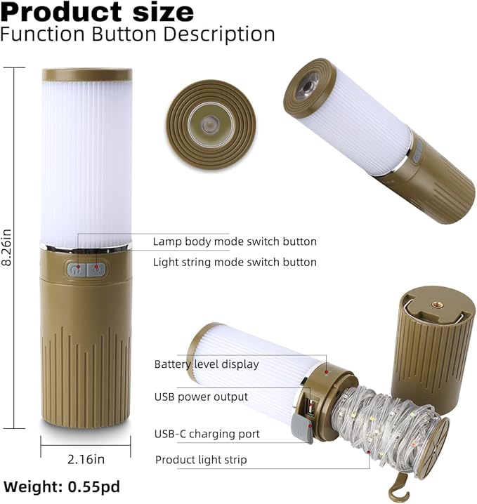 Camping Lantern with 49.2FT String, 2 in 1 Outdoor RGB String Lights with 4 Modes & 5 Modes Rechargeable Camping Lamp IPX4 Waterproof Portable LED Tent Light for Outdoor Yard Garden Decoration
