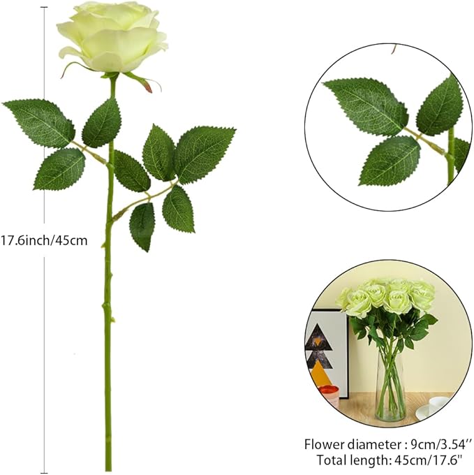 12pcs Light Green Roses Artificial Flowers Fake Roses Silk Flowers Roses with Long Stems for Wedding Home Party Centerpieces Decorations