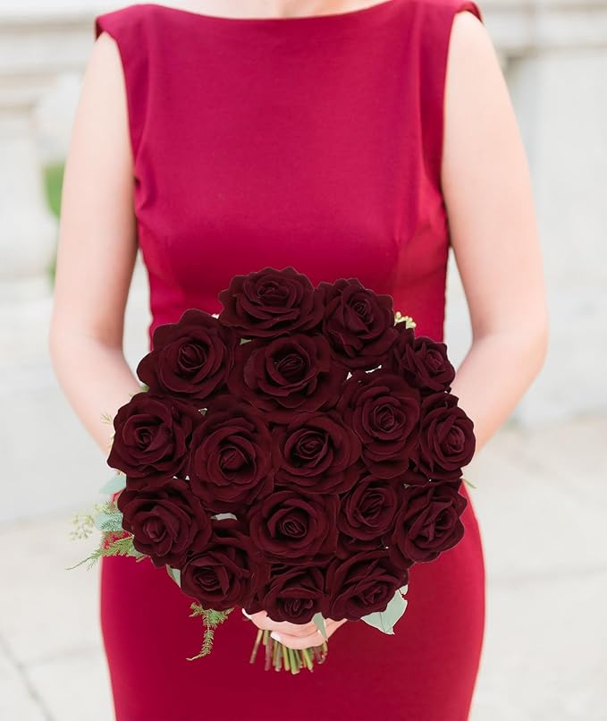 25PCS Faux Rose Flower Head Burgundy Velvet Rose Flowers Fake Flower Heads for DIY Wedding Home Party Baby Shower Decor(Burgundy)