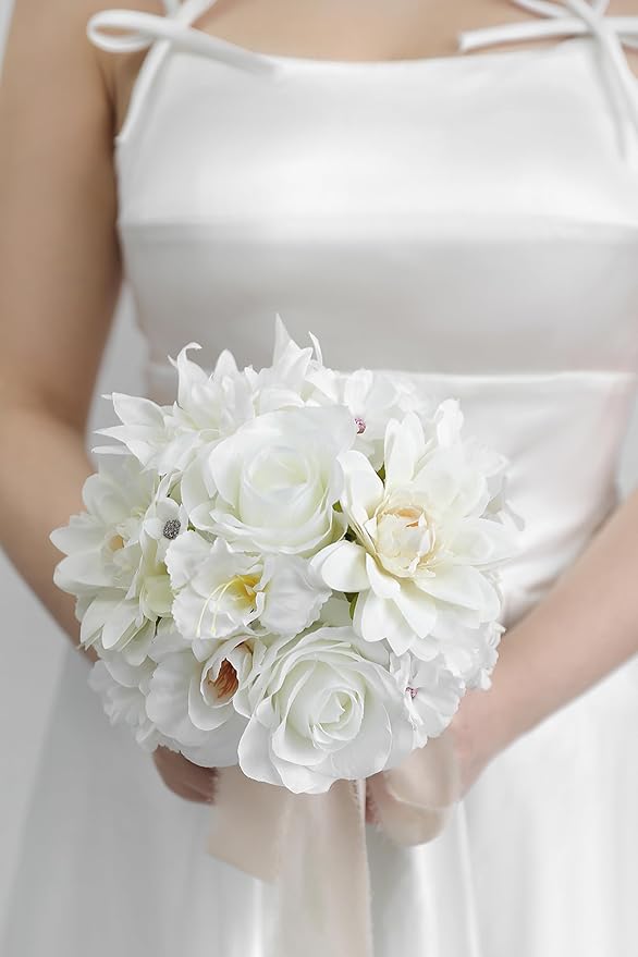 YYHUAWU Fake Flower Heads Mini White Artificial Flower Faux Dahlia Rose Flowers Multicolor Silk Daisy Flower Heads for Craft Garland Wedding Bridal Baby Shower Home Party Decoration DIY Cake Decor