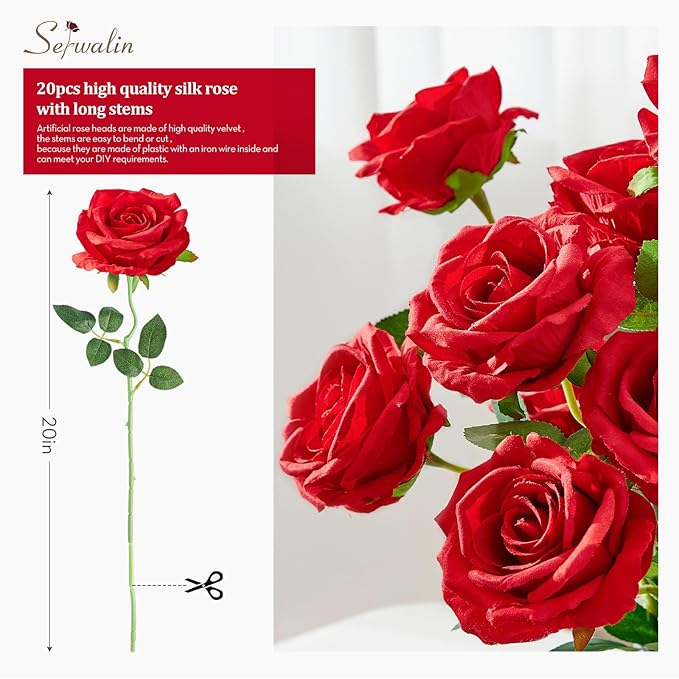 Serwalin 20Pcs Artificial Bright Red Roses, 4''Big Velvet Flower Head Fake Roses, Real Touch Silk Roses, Long Stems Realistic Roses Bouquet for Wedding Table Centerpiece and Home Decor