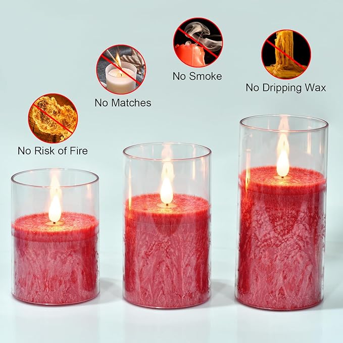 Flameless Flickering Remote Control Candle, Glass Pillar Candle,3 Pack (D:3"×H:4" 5" 6") LED 3D Flame Romantic Candle,Battery Operated Real Wax, Ideal for Wedding, Home Decor Holiday (Red)