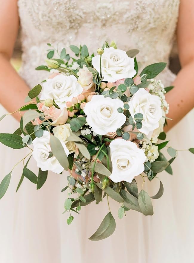 White Roses Artificial Flowers 25pcs Velvet Silk Rose Flowers Heads Fake Rose Flower Head with Stem for DIY Wedding Home Party Baby Shower Decor(White)