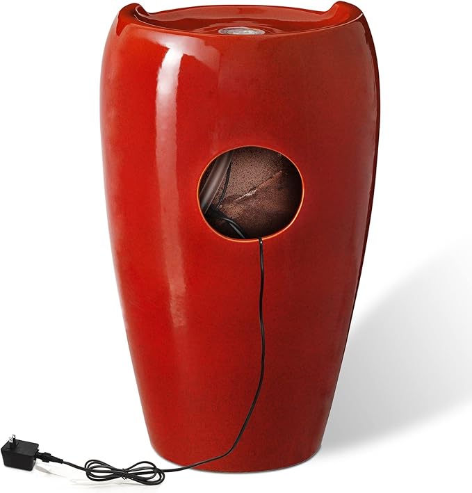 Glitzhome 21.25" H Ceramic Vase Outdoor Water Fountain Tall Patio Garden Water Fountain with LED Light and Submersible Pump Yard Art Decor, Red