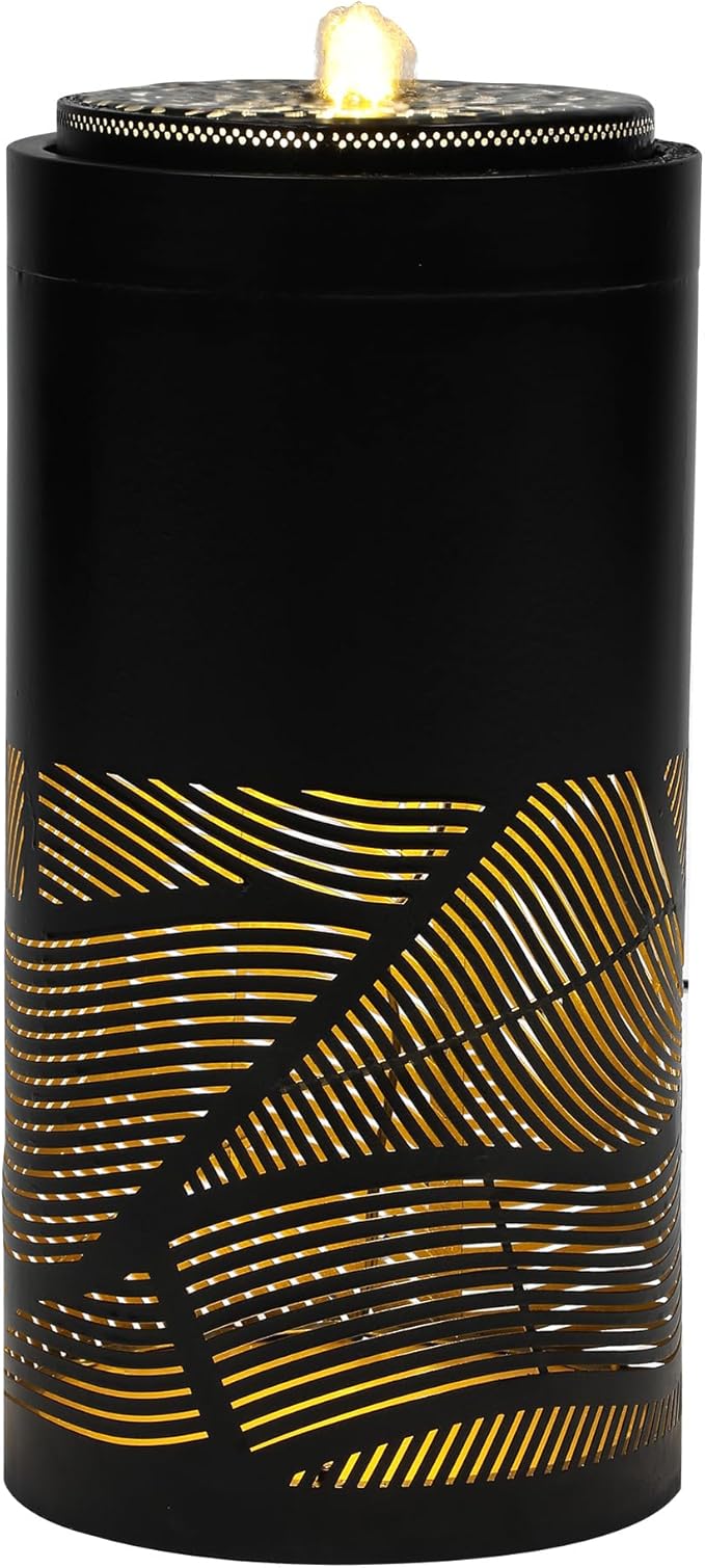 23.6" H Modern Metal Cutout Geometric Patterns Outdoor Water Fountain with LED Lights, Black Bird Bath Garden Fountain, Soothing Water Flow Creates Tranquil Ambiance for Patio, Deck, Porch Décor