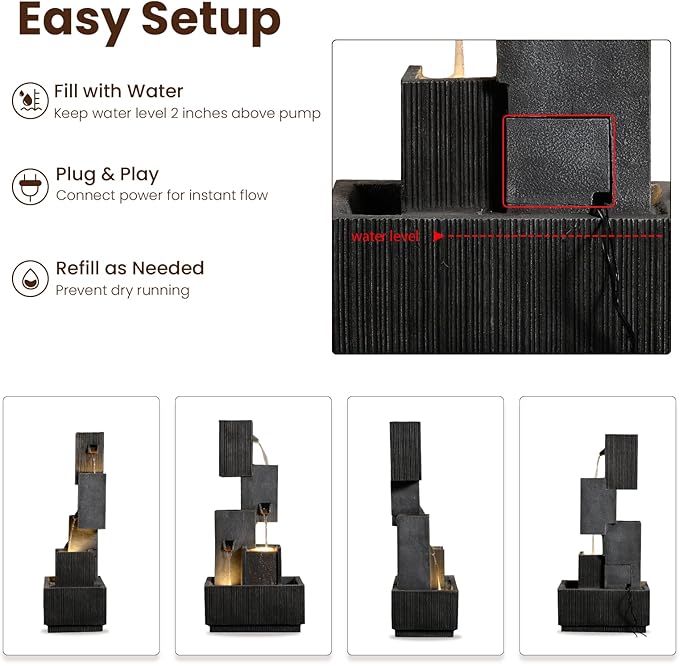 42" H Outdoor Water Fountain Garden Waterfalls - Large Water Feature Geometric Stacking Waterfall Fountains Planter with Lights for Patio Backyard Deck Porch Deck and Home Decor, Gray