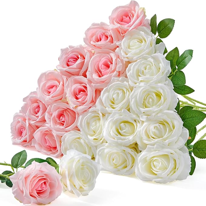 Serwalin 20pcs Artificial Pink & White Roses, 4'' Big Flower Head, Fake Velvet Roses, Silk Roses Long Stems Realistic Bouquet for Wedding Parties Table Centerpiece and Home Decor