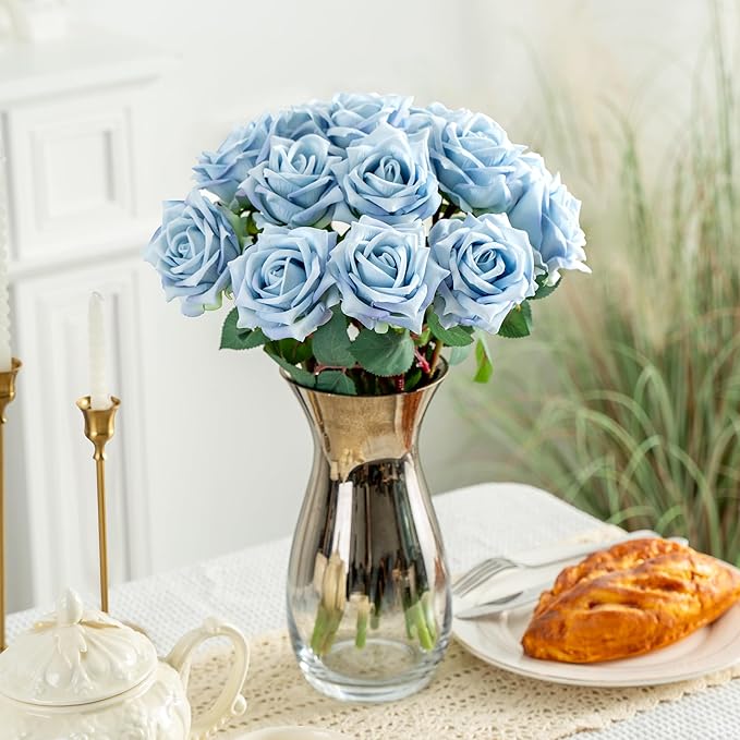 Fake Roses Faux Flowers Silk Roses 12PCS Artificial Roses with Stems Realistic Artificial Flowers Suitable for Indoor Home Decoration Diy Bouquet Wedding Decor Party Decoration (Blue)16.5“