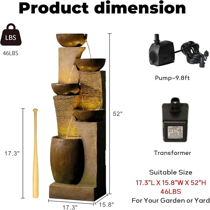 51.4" H Large Water Fountain Outdoor&Indoor, 5-Tiers Cascading Modern Feature Crocks Garden Fountains and Waterfalls with Warm Lights for Porch, Deck, Patio, Home Décor (Brown)