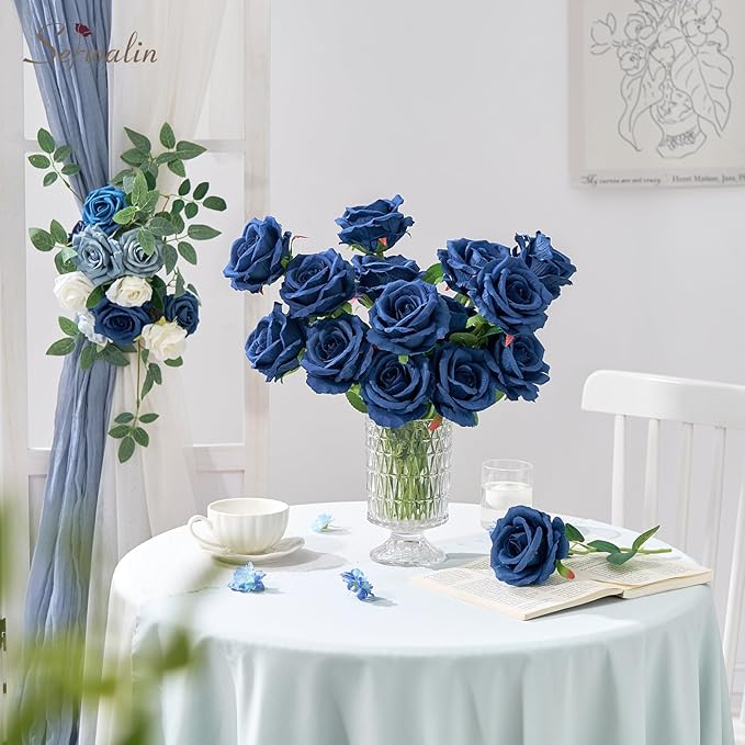 Serwalin 20pcs Navy Blue Artificial Roses, 4" Real Touch Silk Velvet Flowers, Long Stems Bouquet for Wedding, Home Decor, Table Centerpieces