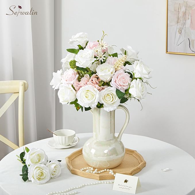 Serwalin 30PCS Artificial White Roses, Fake Silk Roses with Long Stems, Realistic Roses Flowers for Wedding Centerpieces Bridal Bouquet Party Home Office Decor