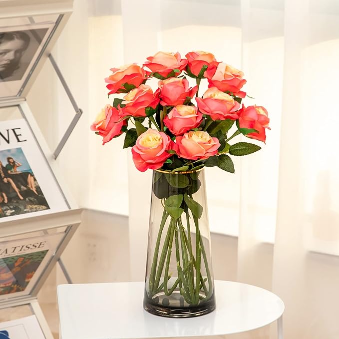 Hawesome 12PCS Artificial Silk Flowers Realistic Roses Bouquet Long Stem for Home Wedding Decoration Party (Gradient Dark Pink)