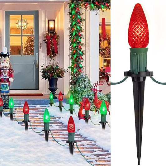 C9 LED Christmas Lights Outdoor with stakes, 25.7ft 20 LED Strawberry String Lights, Connectable Shatterproof Pathway Lights Marker for Path, Lane, Patio, Xmas Holiday Decorations, Red and Green