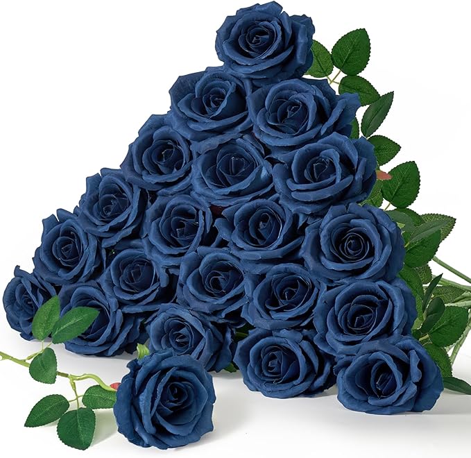 Serwalin 20pcs Navy Blue Artificial Roses, 4" Real Touch Silk Velvet Flowers, Long Stems Bouquet for Wedding, Home Decor, Table Centerpieces