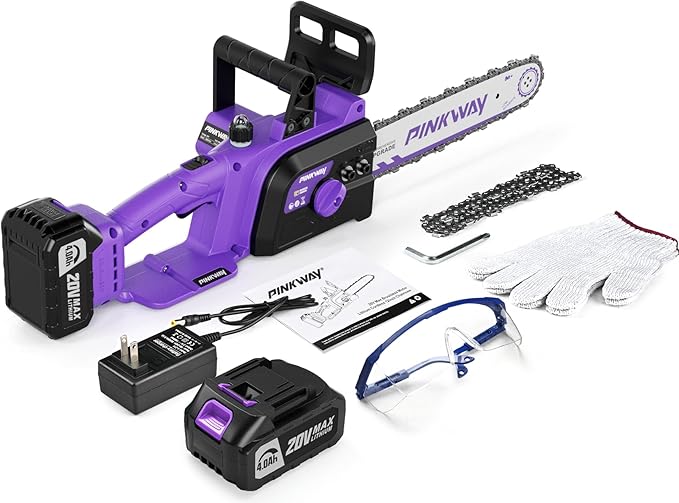 Brushless 12-Inch Electric Chainsaw Cordless,20V Battery Power Chain Saw with 4.0Ah Battery and Charger, Mini Chainsaw Cordless Portable Compact Saw Handheld for Wood Cutting,Purple