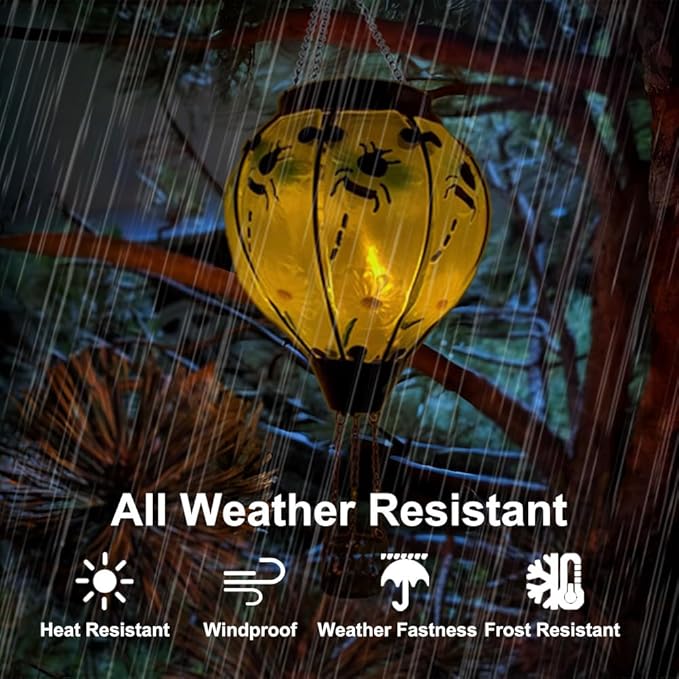 2PCS Solar Hot Air Balloon Lanterns with Flame with Shepherd's Hooks, Glass Hanging Flickering Lights Outdoor Waterproof for Garden Tree Yard Patio Mother's Day Gift, 18" H Bee