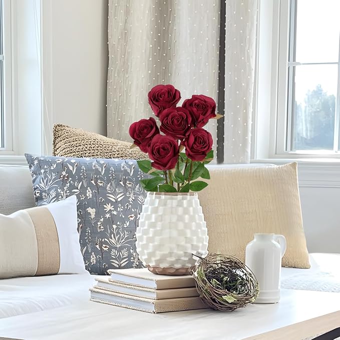 Briful Roses Artificial Flowers– 6PCS 18.9" Burgundy Rose Silk Flowers with Long Stems Realistic Fake Rose Bouquet for DIY Wedding Arrangements Table Vase Centerpieces Home Event Decor