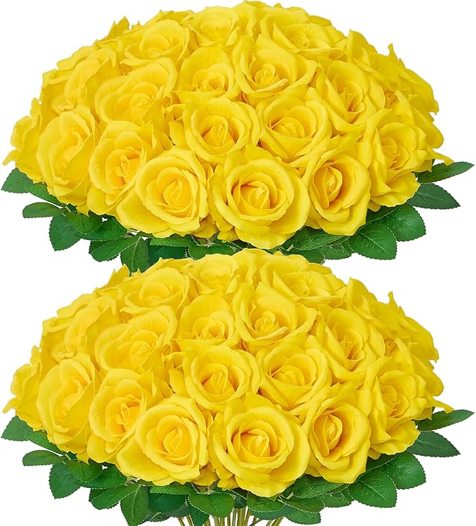 Serwalin 30pcs Artificial Yellow Roses, Realistic Silk Roses Fake Long Stem Artificial Roses for Mother,Wedding Bouquet Table Centerpieces Party Home Birthday Graduation Decorations