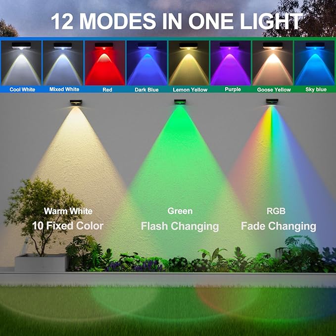 Solar Fence Lights,Fence Lights Solar Powered Waterproof IP65 Multicolor Led 12 Fixed Colors &RGB Color Changing for Pool, Deck, Patio, Porch, Stairs, Holiday (12)