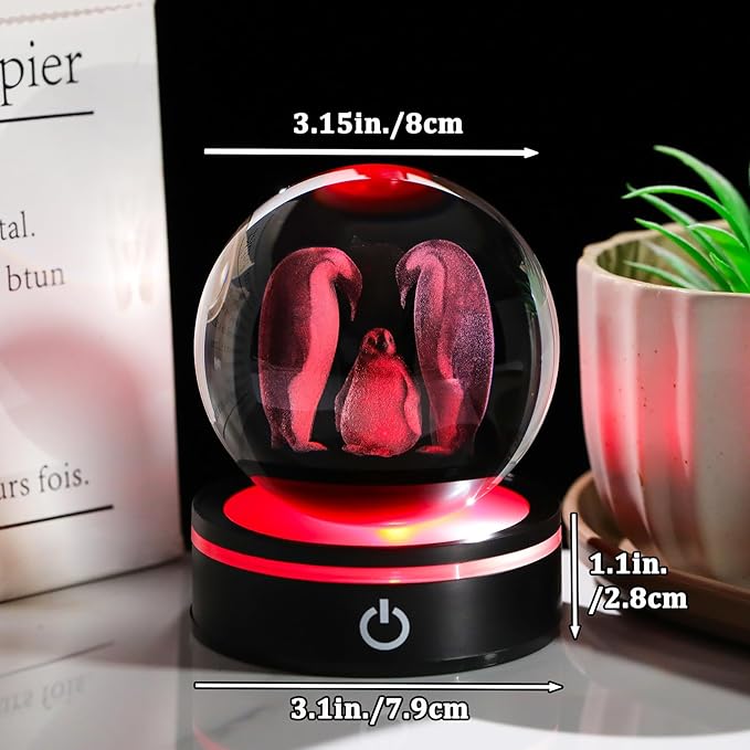YWHL 3D Crystal Ball Penguin Figurine with LED Base Laser Penguins Gifts for Women Men on Christmas Birthday Decorative Penguin Statue Ball Glass Animals Globe Night Light for Home Decor (80mm)