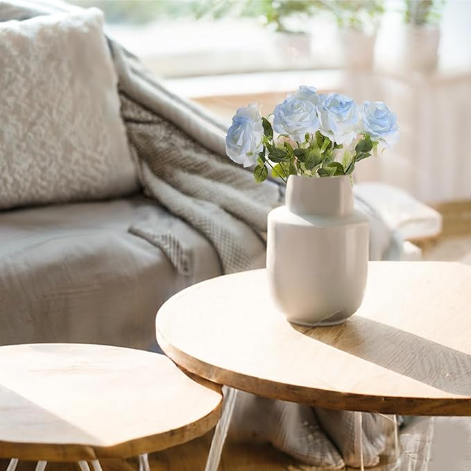 Ice Blue Artificial Roses Fake Flowers Not Bend The Peduncle with Stems for DIY Wedding Bouquets Bridal Shower Centerpieces Arrangements Tables Decorations 24pcs