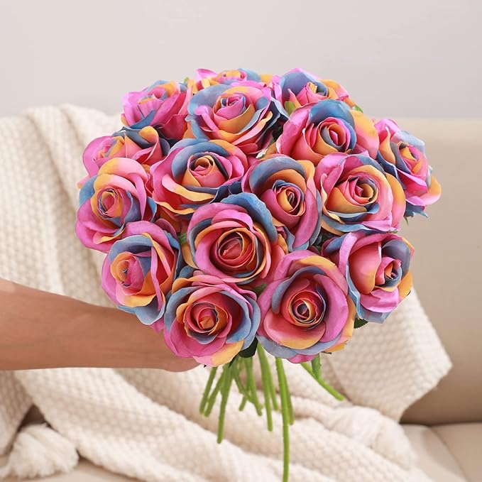 Rainbow Fake Roses Artificial Flowers - 10 Pcs Fake Artificial Roses Silk Flowers with Stems for Home Wedding Hotel Office Centerpiece Decor(Rainbow)