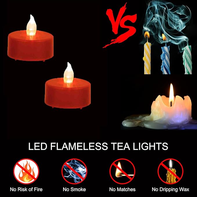 Tea Light Candles with Remote Control,12pack Flickering Flameless LED Candle,Long Lasting 400+Hours,Battery Operated with Timer for Home Decoration Seasonal &Festival Celebration Red