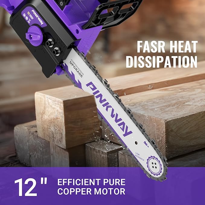 Brushless 12-Inch Electric Chainsaw Cordless,20V Battery Power Chain Saw with 4.0Ah Battery and Charger, Mini Chainsaw Cordless Portable Compact Saw Handheld for Wood Cutting,Purple