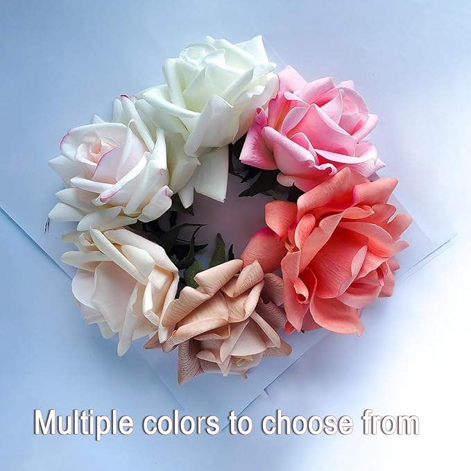 Artificial flower real touch roses feel and look realistic fake roses with short stems, suitable for gift, for wife girlfriend mom friends, Indoor home table,cake, hotel, car decoration (pink white)