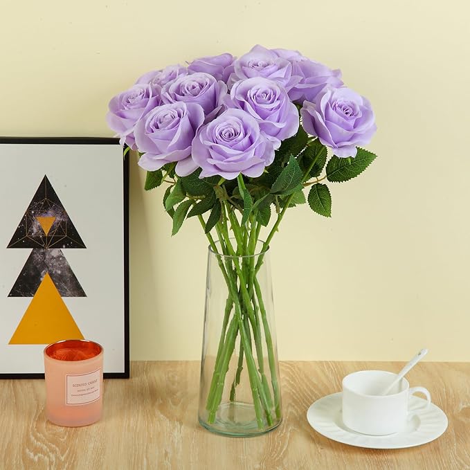 12pcs Light Lavender Roses Artificial Flowers Fake Roses Silk Flowers Roses with Long Stems for Wedding Home Party Centerpieces Decorations