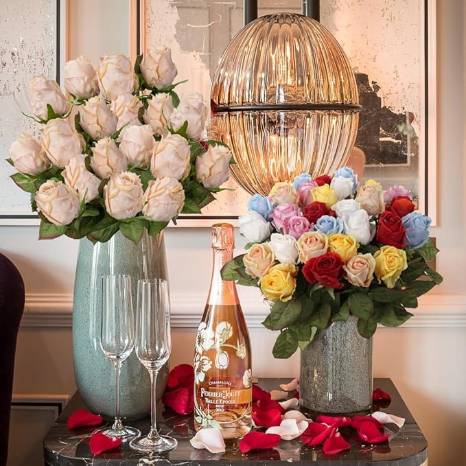 Artificial Realistic Roses Champagne Flowers 24" Real Touch Silk Roses Bouquet Long Stems Rose for Flower Arrangement Fake Roses Decor for Home Party Wedding Table Centerpieces Roses Realistic - 5 Pcs