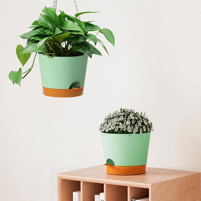Hanging Planters for Indoor Outdoor Plants, 2 Pack Self Watering Hanging Pot with Drainage Holes and Plant Hangers, Hanging Baskets Flower Pots for Home Garden Decor (Green, 8 inch)