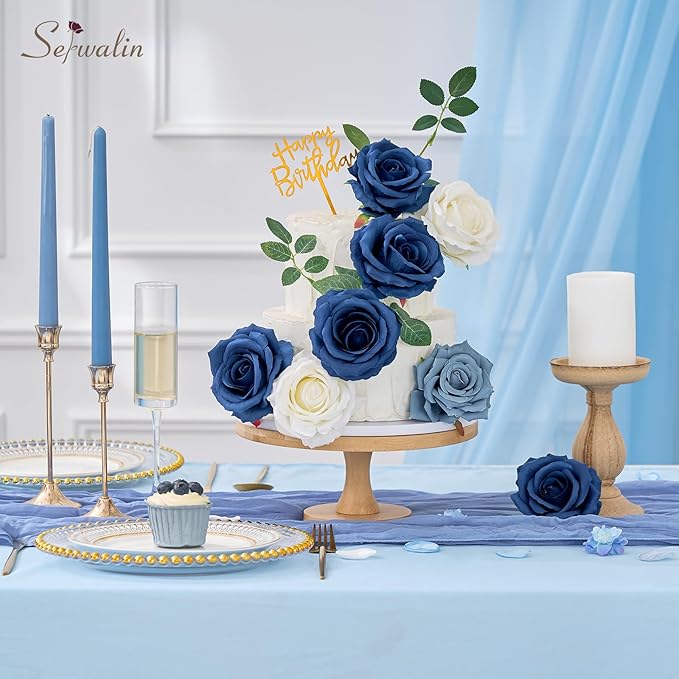 Serwalin 20pcs Navy Blue Artificial Roses, 4" Real Touch Silk Velvet Flowers, Long Stems Bouquet for Wedding, Home Decor, Table Centerpieces