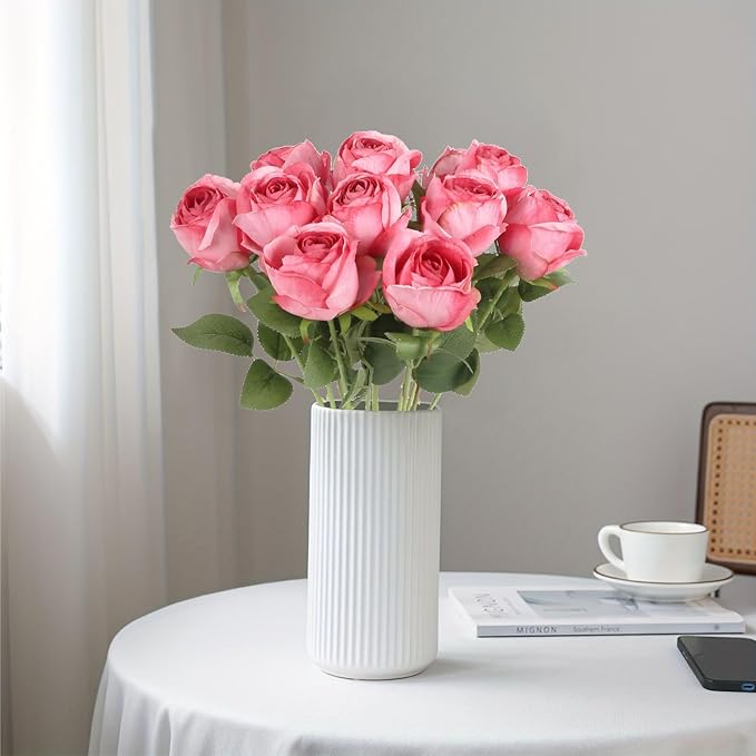 12 pcs Hot Pink Roses Artificial Flowers Vintage Burnt Edge Rose 20" Realistic Silk Roses Bouquet with Long Stem for Wedding Party Floral Centerpieces Decoration (Hot Pink)