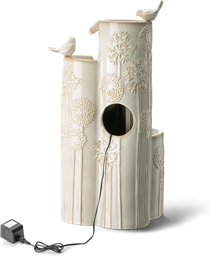 Glitzhome 31.75" H Outdoor Water Fountain with LED Lights and Pump, 4 Tier Dandelion Texture Vase Shaped Ceramic Floor Standing Fountain with Birds for Porch Deck Garden Patio Backyard, Sand Beige