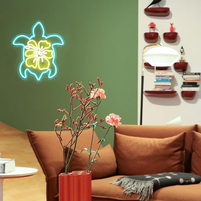 Sea Turtle Hibiscus Neon Signs for Wall Decor Blue Turtle Neon Light Yellow Flower LED Neon Wall Sign Ocean Neon Light Up Sign for Bedroom Living Room Office Decor Sea Turtle Gifts