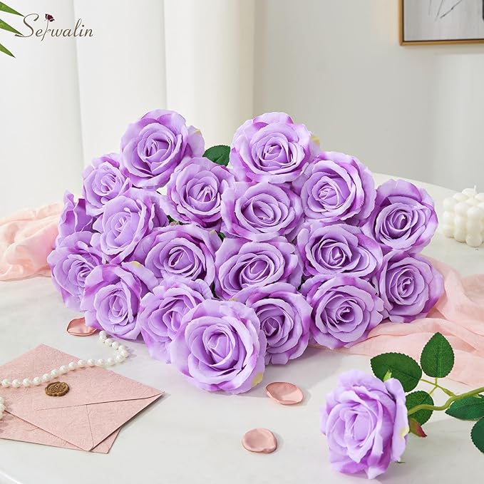 Serwalin 20pcs Artificial Roses, 4'' Big Flower Head, Light Purple Roses Velvet Real Touch, Silk Fake Roses Long Stem Realistic Bouquet for Wedding Table Centerpiece and Home Decor