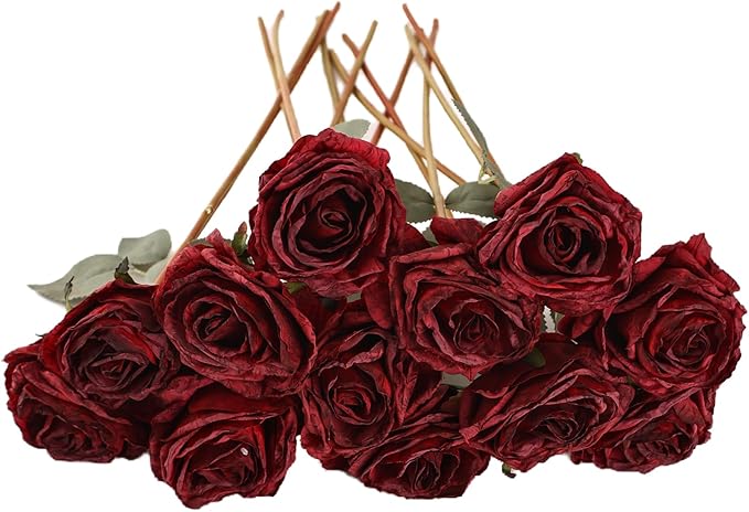Kimura's Cabin 12pcs Fall Faux Roses Flowers with Stem Vintage Artificial Silk Rose Bouquet Realistic Fake Roses Dried Flower for Valentines Home Centerpiece Wedding Party DIY Decoration (Dark Red)